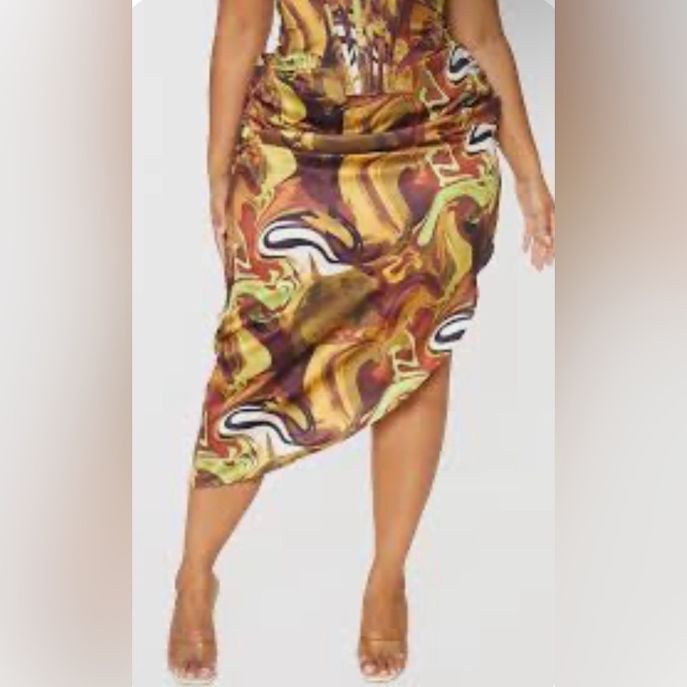 PrettyLittleThing Lime Brown Abstract Print Satin Split Midi Skirt size 16 NWT